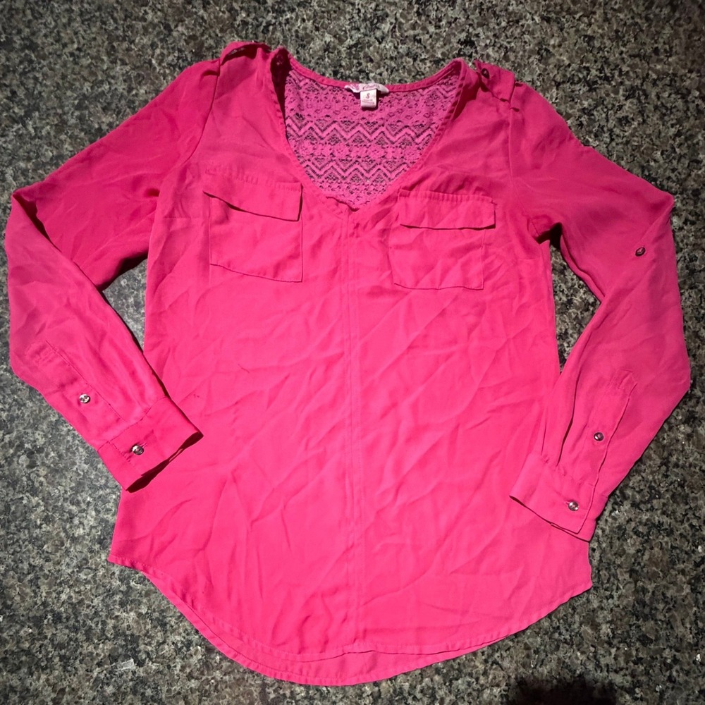 Candies Womens Hot‎ Pink Lace Yoke Roll Tab Long Sleeve Blouse Top Small RN73277